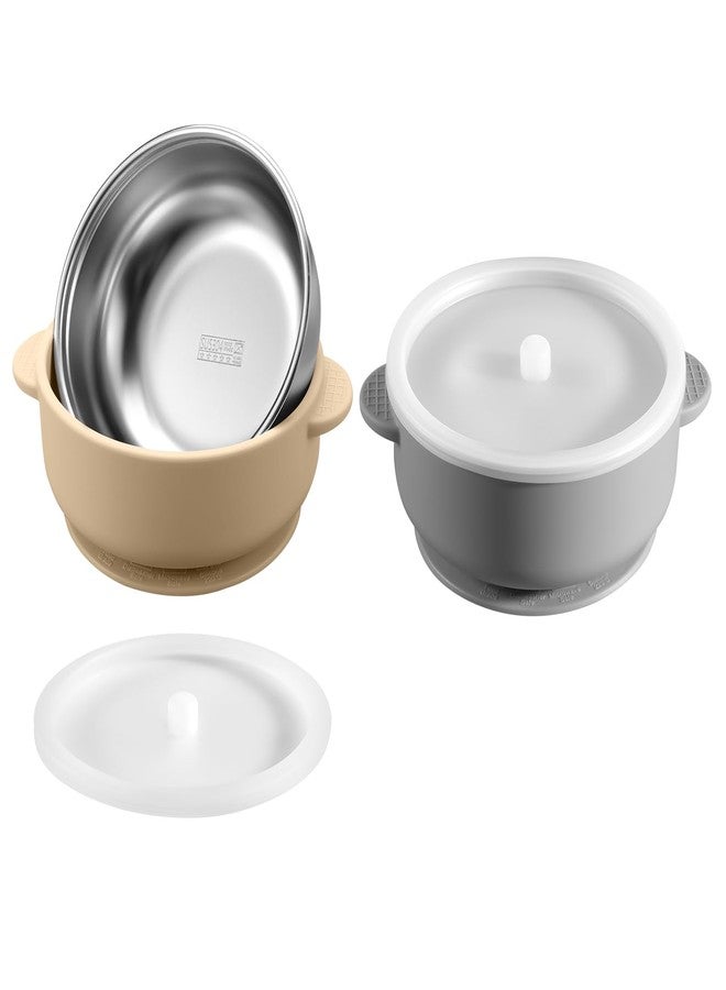 Dovesail 2 Pack Stainless Steel Baby Bowls with Removable Non-Slip Silicone Suction Shell and Lids, Anti Scald Food Container for Baby Food Feeding-Gray & Cream - Image 1